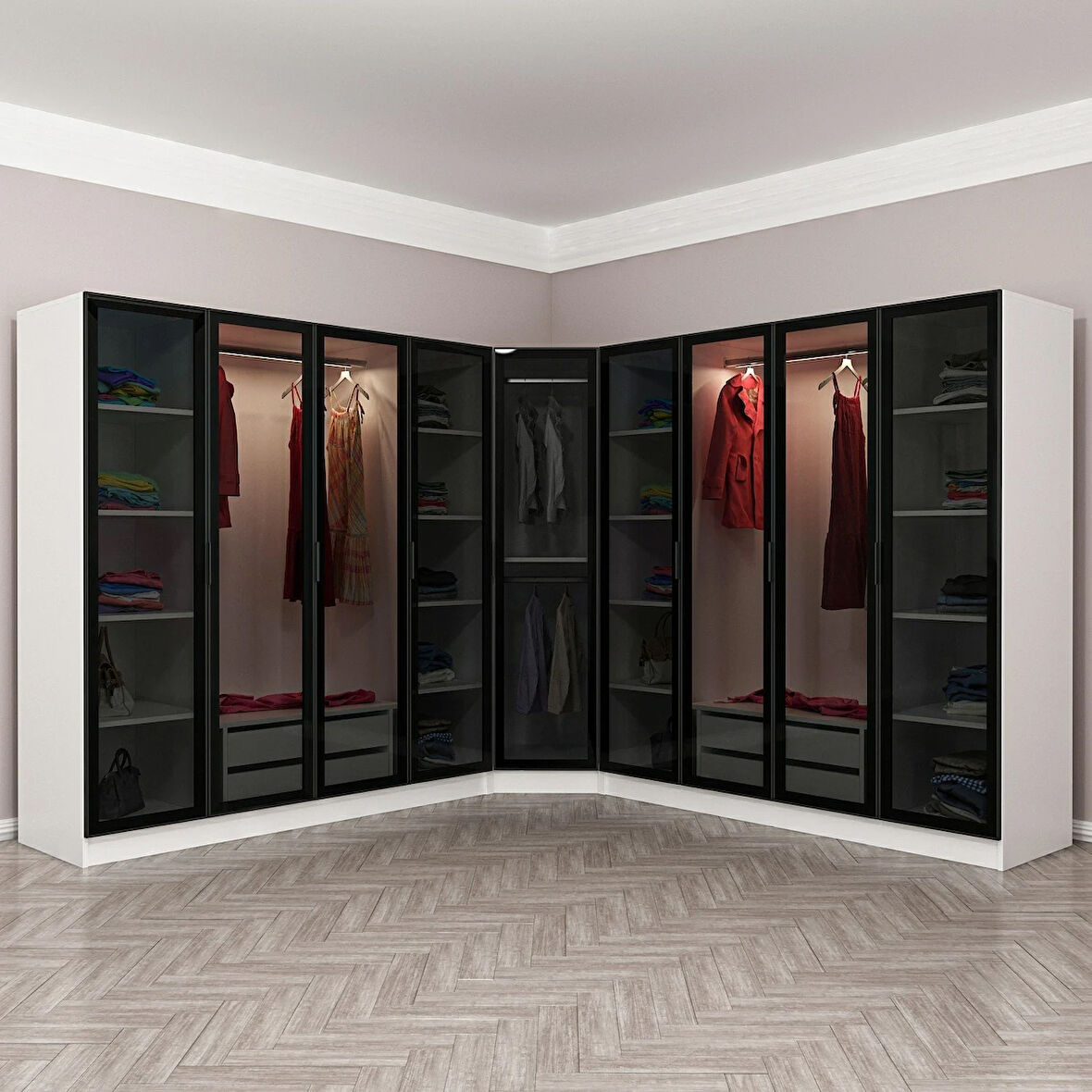 Kale 9 Füme Cam Kapaklı 4Ç Köşe Dolap Beyaz Füme Cam 210CM