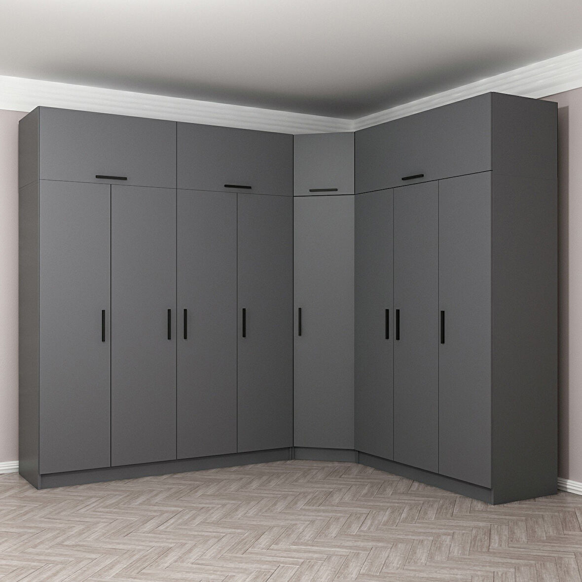 Minar Kale 8 Kapaklı 4 Ç Köşe Dolap + Yüklük Antrasit 255CM