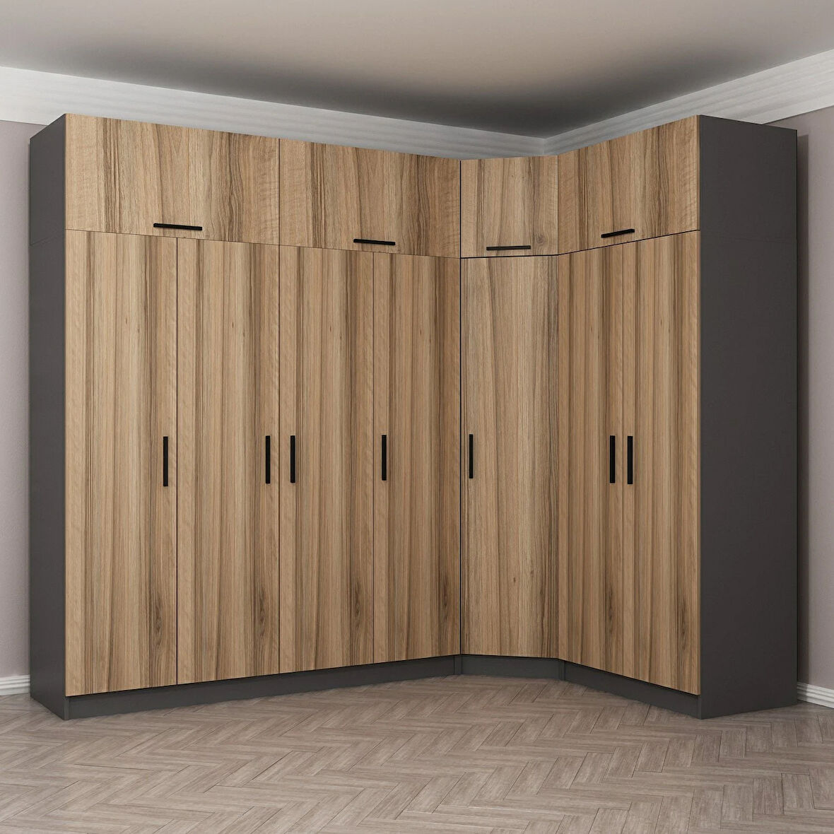 Minar Kale 7 Kapaklı 2 Ç Köşe Dolap + Yüklük Antrasit Dore 255CM