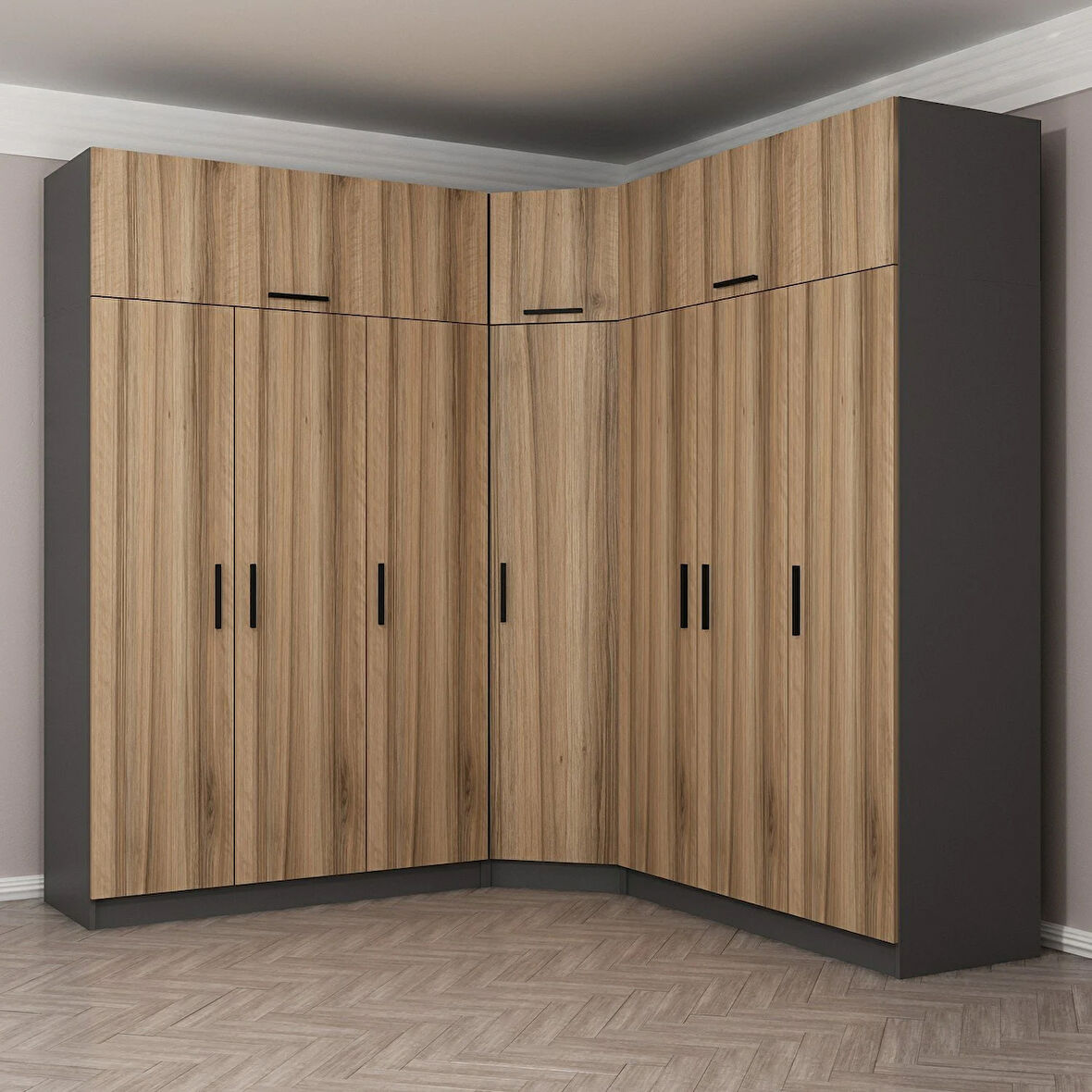 Minar Kale 7 Kapaklı 4 Ç Köşe Dolap + Yüklük Antrasit Dore 255CM