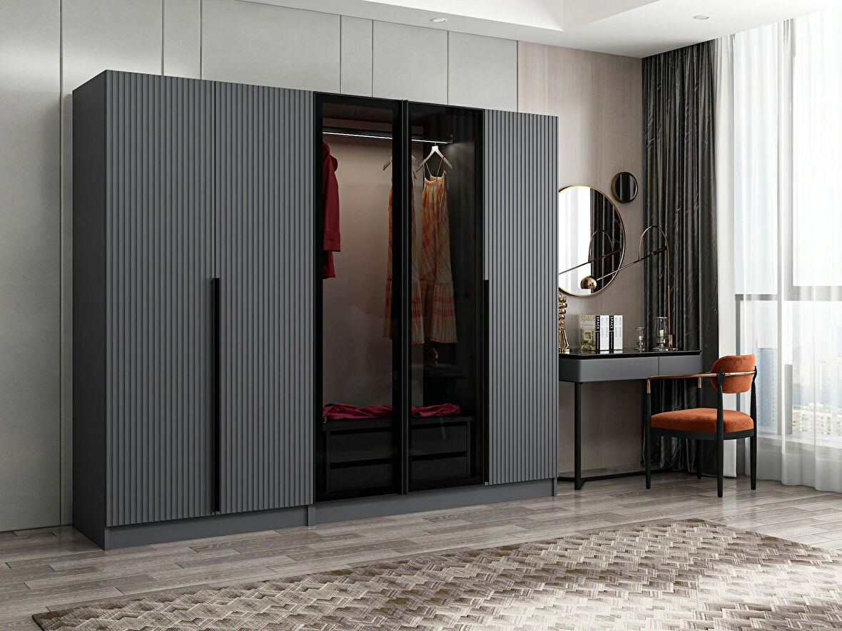 Kale Plus 5 Mebran Kapaklı 2Ç Dolap Antrasit Mebran Füme Cam 210CM