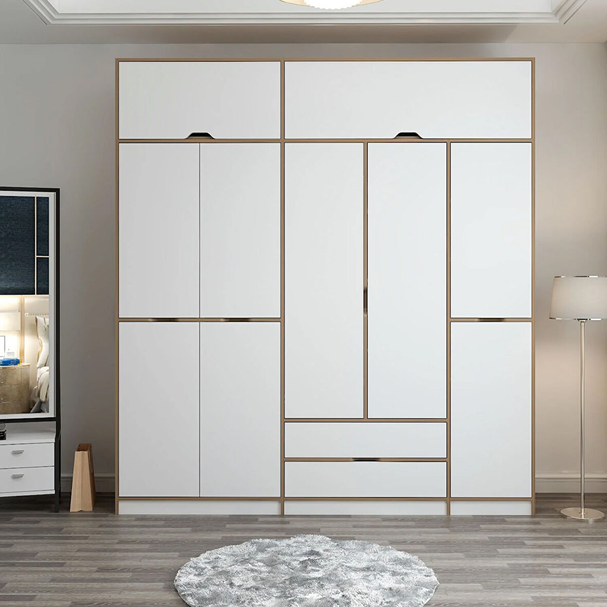 Elina 5 Kapaklı Yüklüklü Dolap - Dore/Beyaz