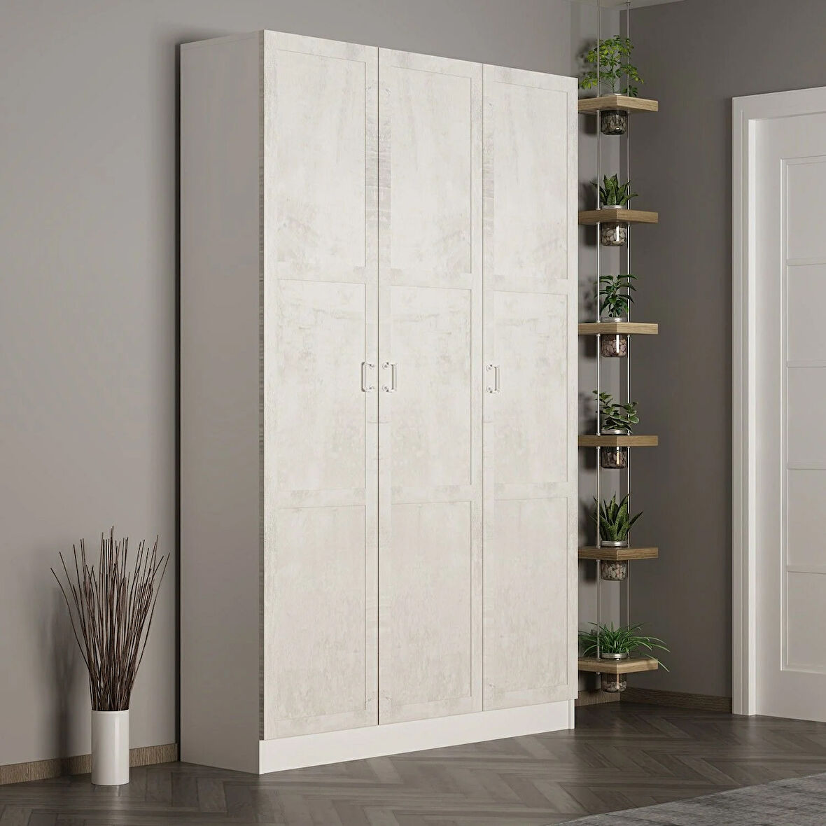 Minar Kale 210 Cm 3 Kapaklı 1B Raf Portmanto Beyaz Eskitme Beyaz