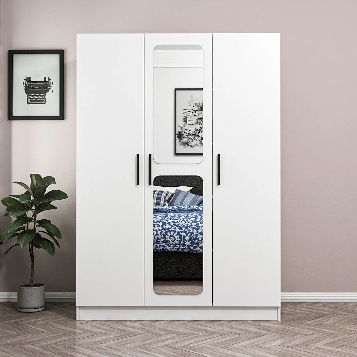 Minar Kale 3 Kapak Aynalı 2 Çekmece Zincir Dolap - Beyaz 190CM