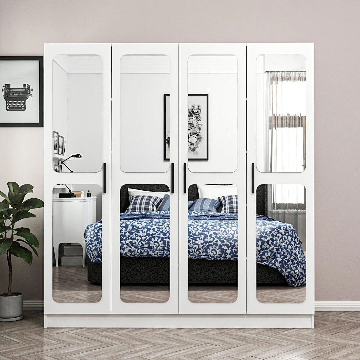 Minar Kale 4 Kapak Aynalı 2 Çekmece Zincir Dolap - Beyaz 190CM