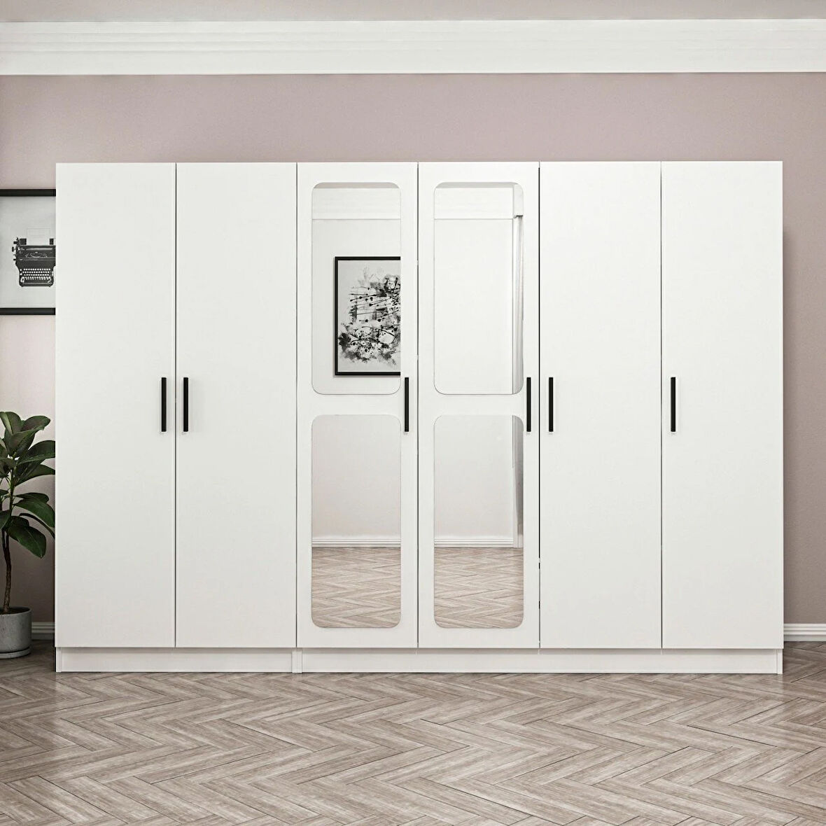 Minar Kale 6 Kapak Aynalı 2 Çekmece Zincir Dolap - Beyaz 190CM