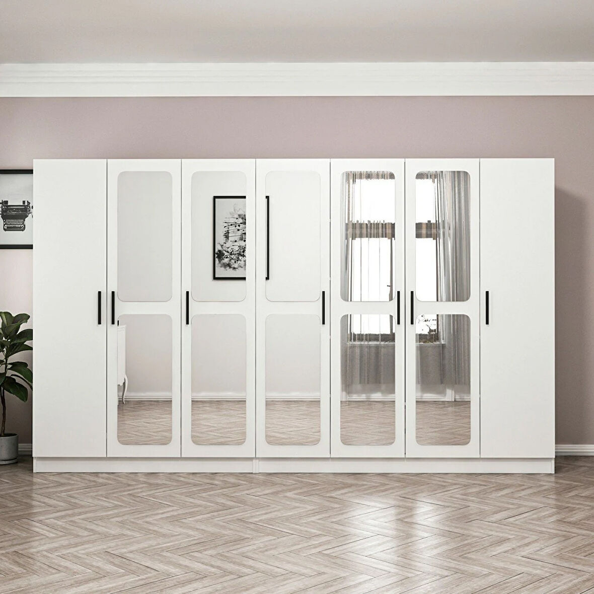 Minar Kale 7 Kapak Aynalı 4 Çekmece Zincir Dolap - Beyaz 190CM