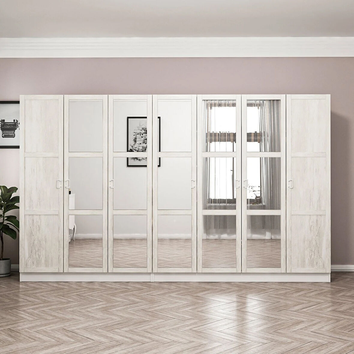 Minar Kale Country 7 Kapak Aynalı 4 Ç Zincir Dolap - E.Beyaz 190CM