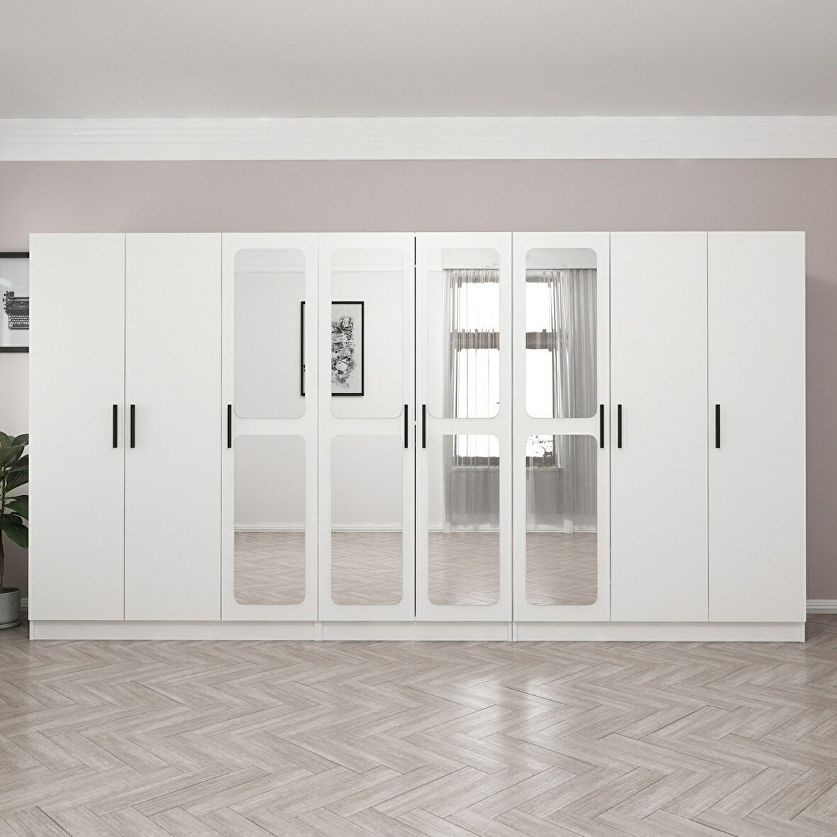 Kale 8 Kapak Aynalı 4 Çekmece Zincir Dolap - Beyaz 190CM