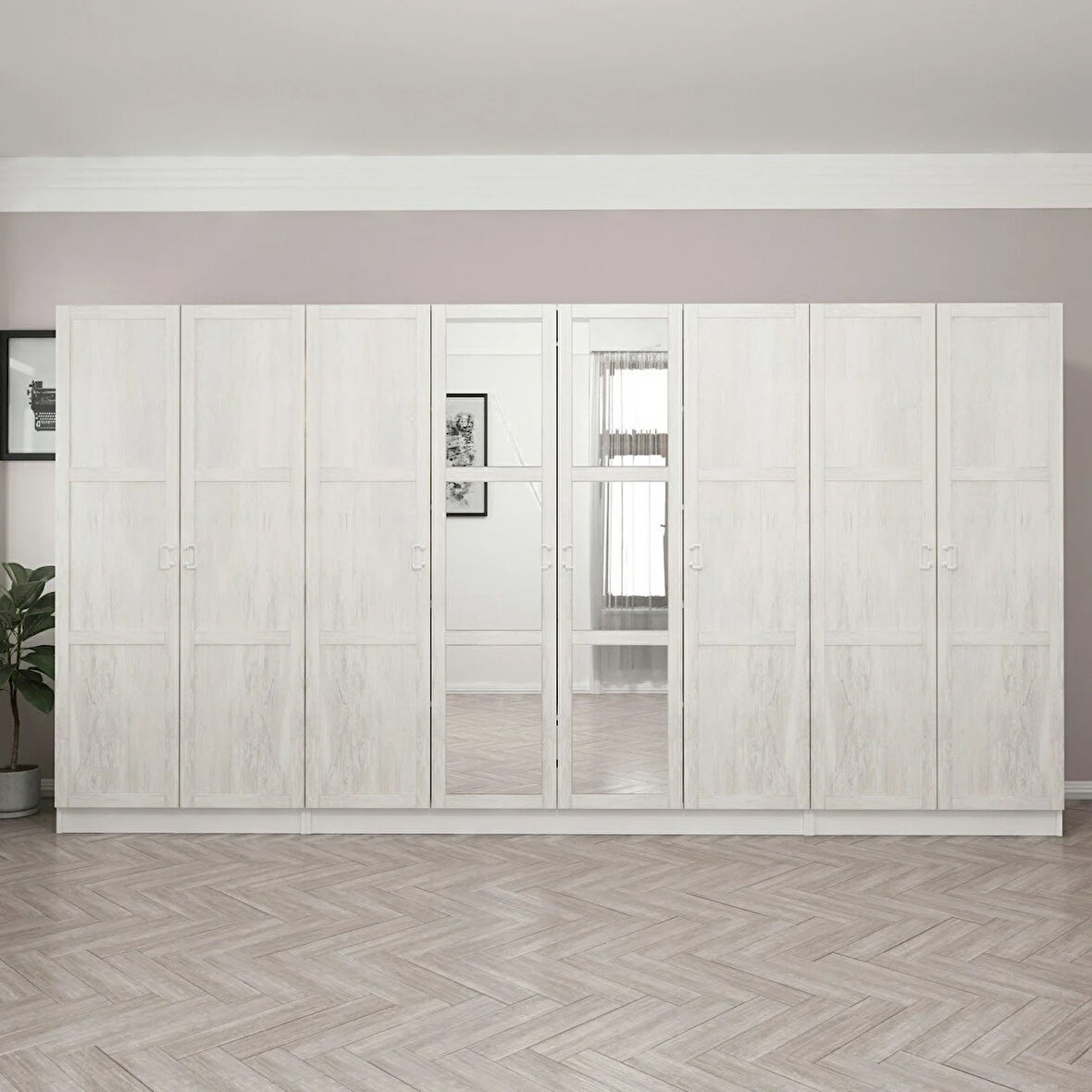 Kale Country 8 Kapak Aynalı 2Ç Zincir Dolap - Eskitme Beyaz 190CM