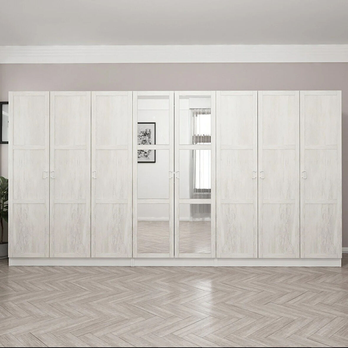 Kale Country 8 Kapak Aynalı 4Ç Zincir Dolap - Eskitme Beyaz 190CM