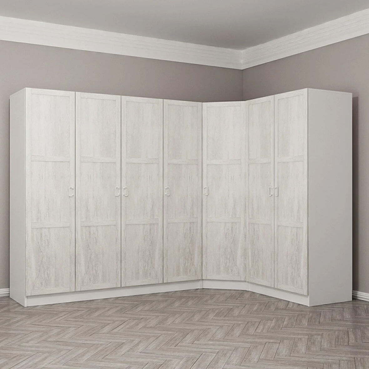 Kale Country 7 Kapak 2Ç Köşe Zincir Dolap - Eskitme Beyaz 190CM