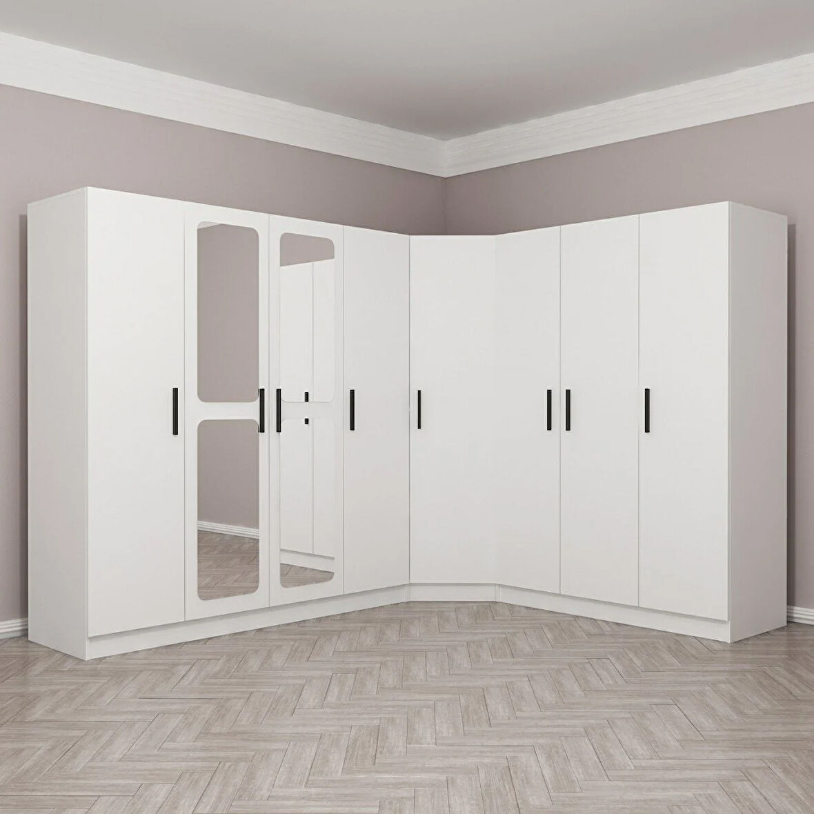 Kale 8 Kapaklı Aynalı 4Ç Köşe Dolap - Beyaz 190CM