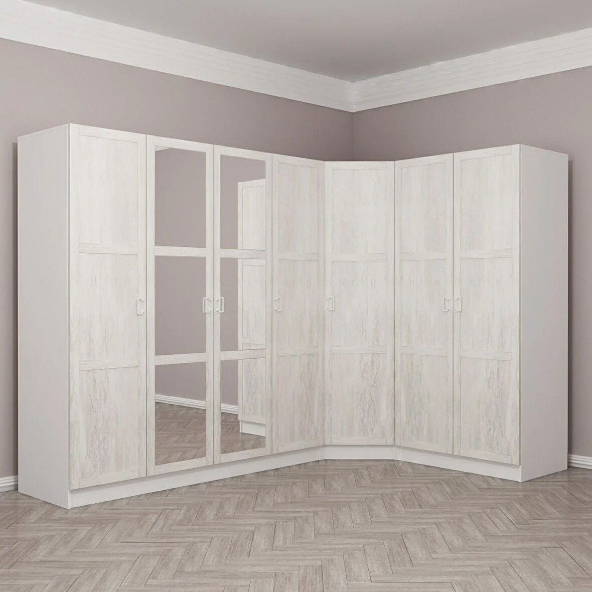 Kale 7 Country Kapaklı Aynalı 2Ç Köşe Dolap -  Eskitme Beyaz 190CM