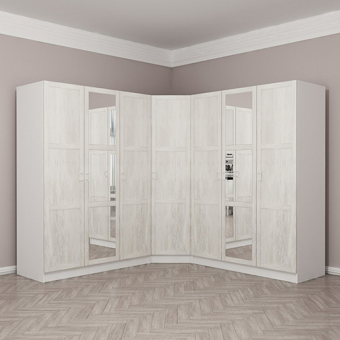 Kale 7 Country Kapaklı Aynalı 4Ç Köşe Dolap -  Eskitme Beyaz 190CM