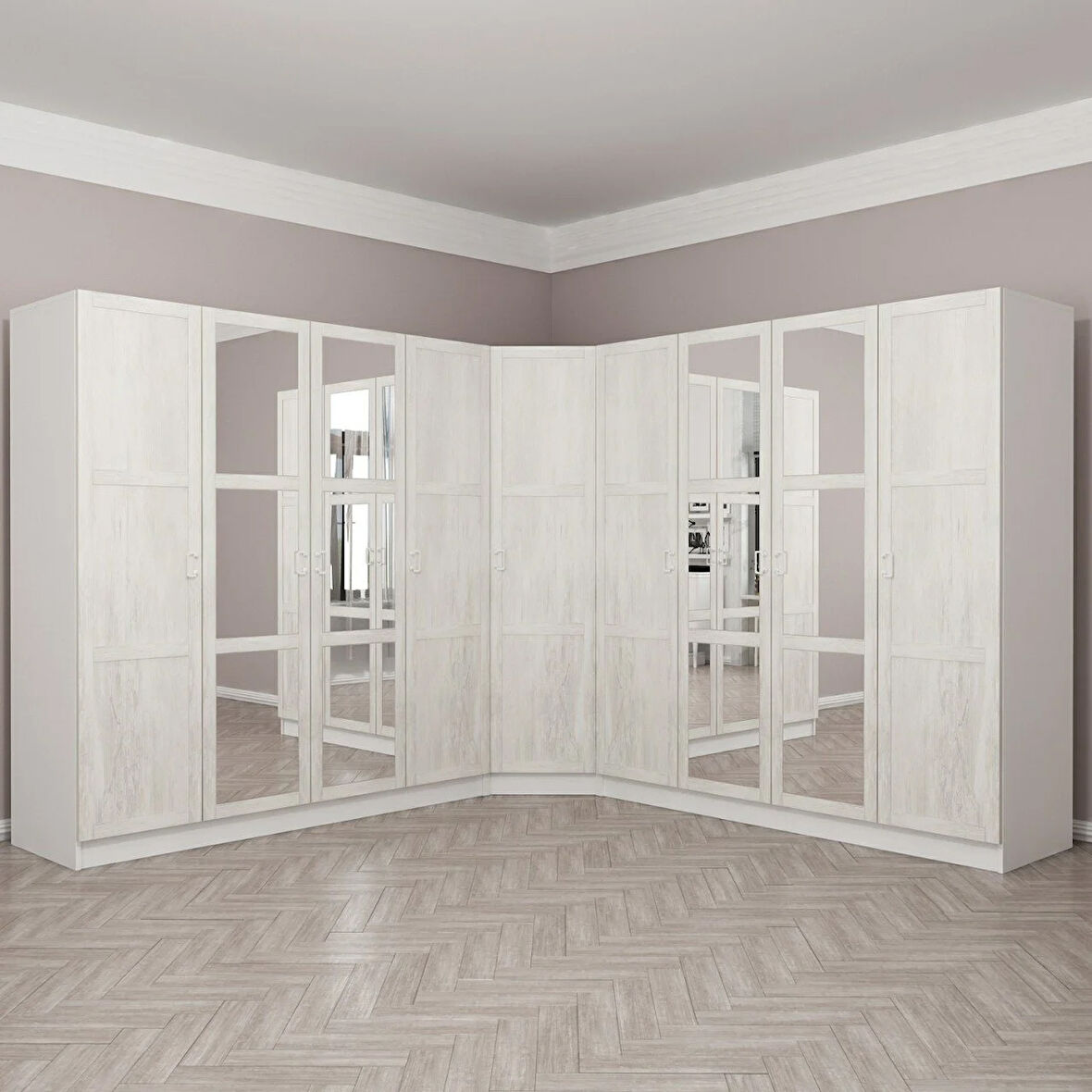 Kale 9 Country Kapaklı Aynalı 4Ç Köşe Dolap -  Eskitme Beyaz