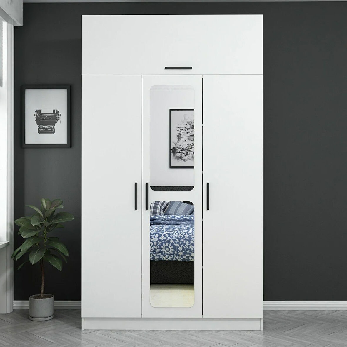 Kale 3 Kapaklı Aynalı Zincir Dolap-Yüklük - Beyaz 235CM