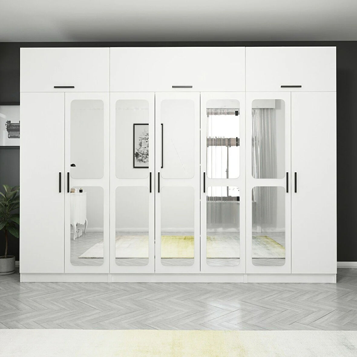 Kale 7 Kapaklı Aynalı Zincir Dolap-Yüklük - Beyaz 235CM