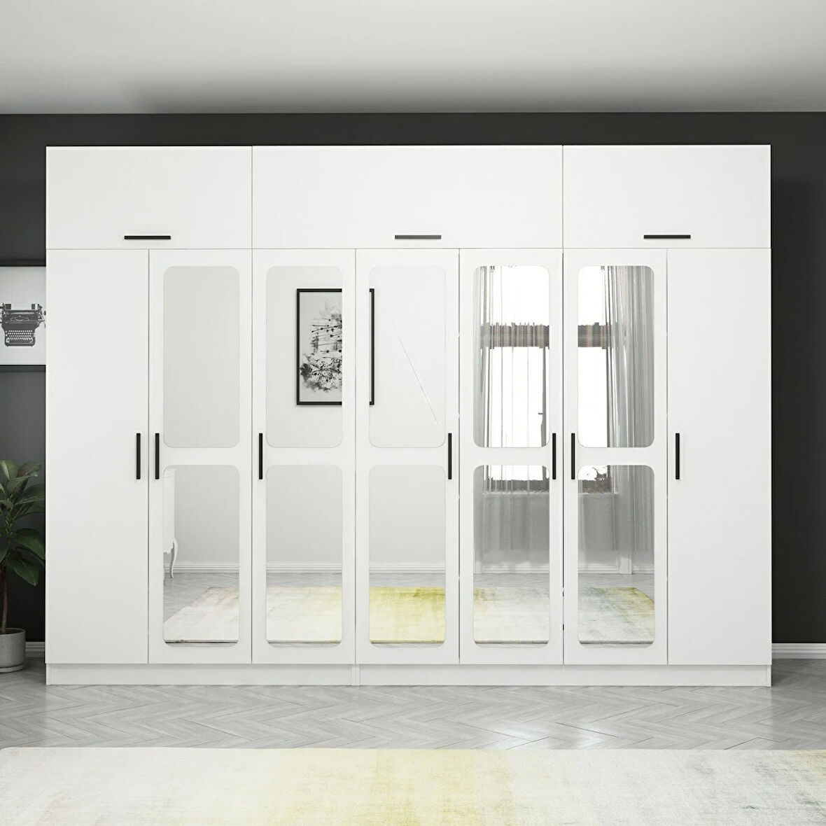 Kale 7 Kapaklı 4 Çekmeceli Aynalı Zincir Dolap-Yüklük - Beyaz 235CM