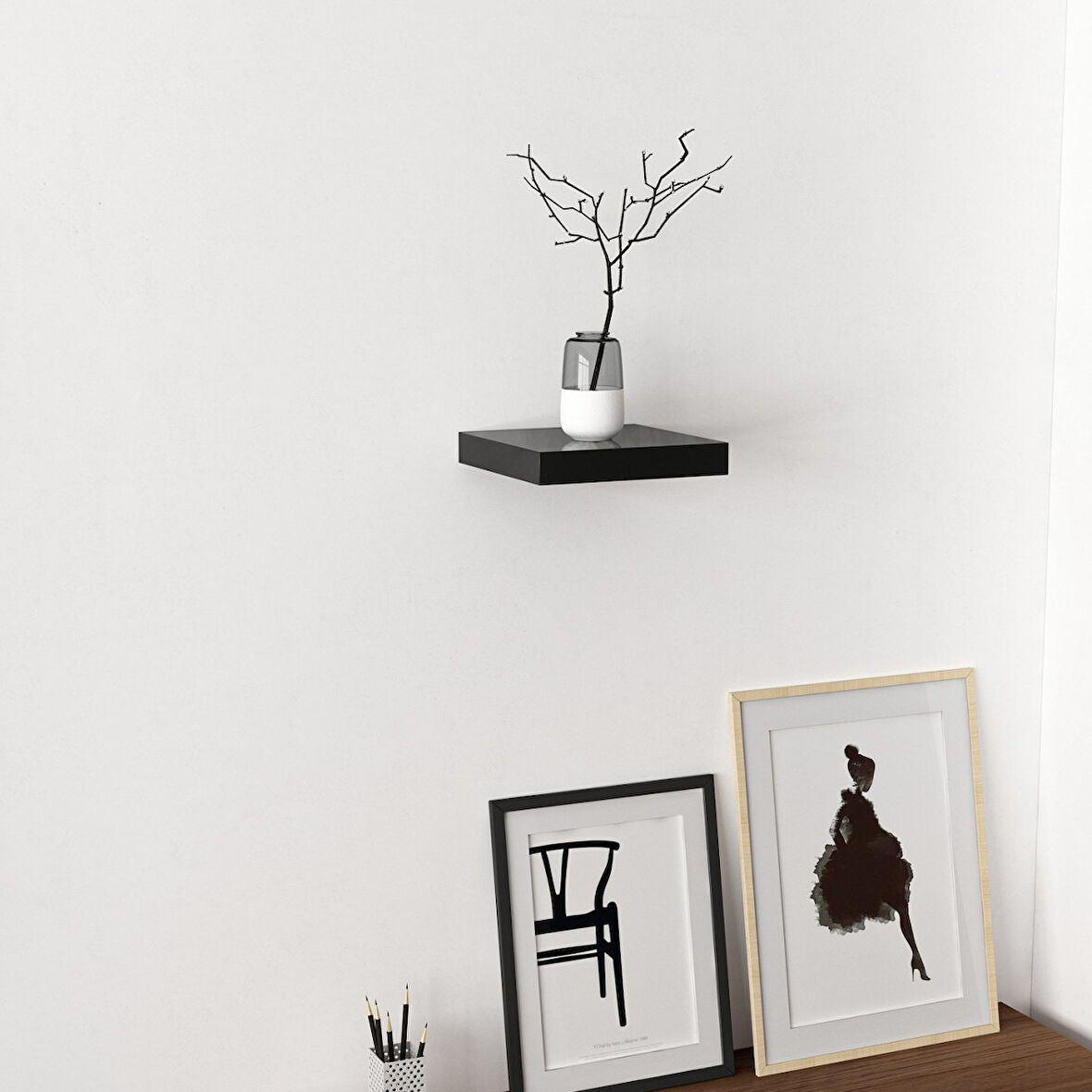 Minar Gizli Tutuculu Duvar Rafı 23 cm - P.Siyah