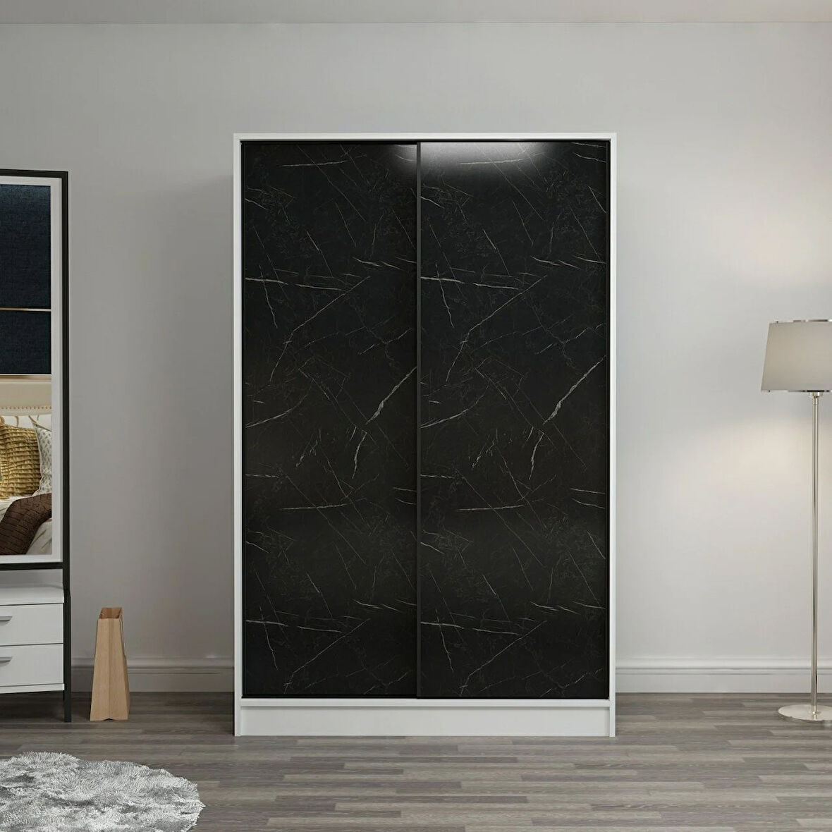 Minar Kale 2 Kapaklı Sürgülü Dolap 120 Cm - Beyaz/Royal Mermer 190CM