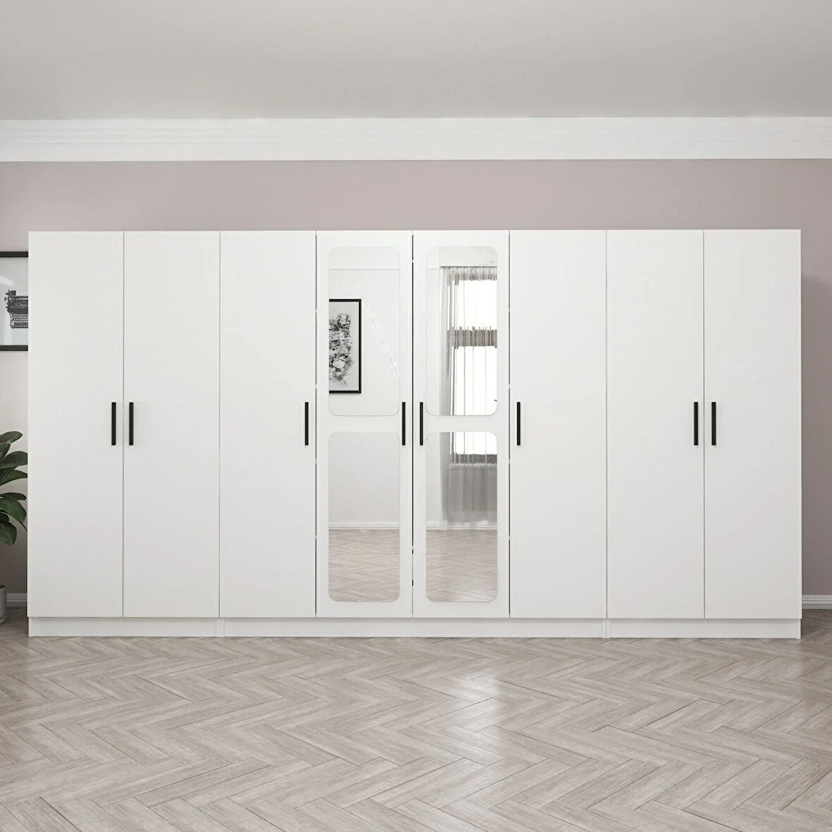 Kale 8 Kapak Aynalı 2 Çekmece Zincir Dolap - Beyaz 210CM