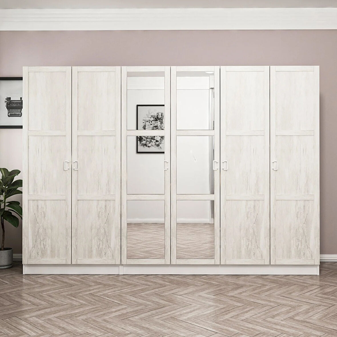 Minar Kale Country 6 Kapak Aynalı 2 Ç Zincir Dolap - E.Beyaz 210CM