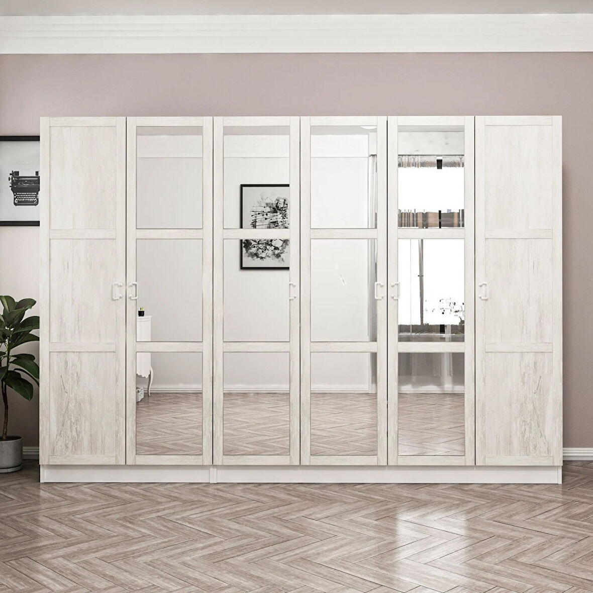 Minar Kale Country 6 Kapak Aynalı 2 Ç Zincir Dolap - E.Beyaz 210CM