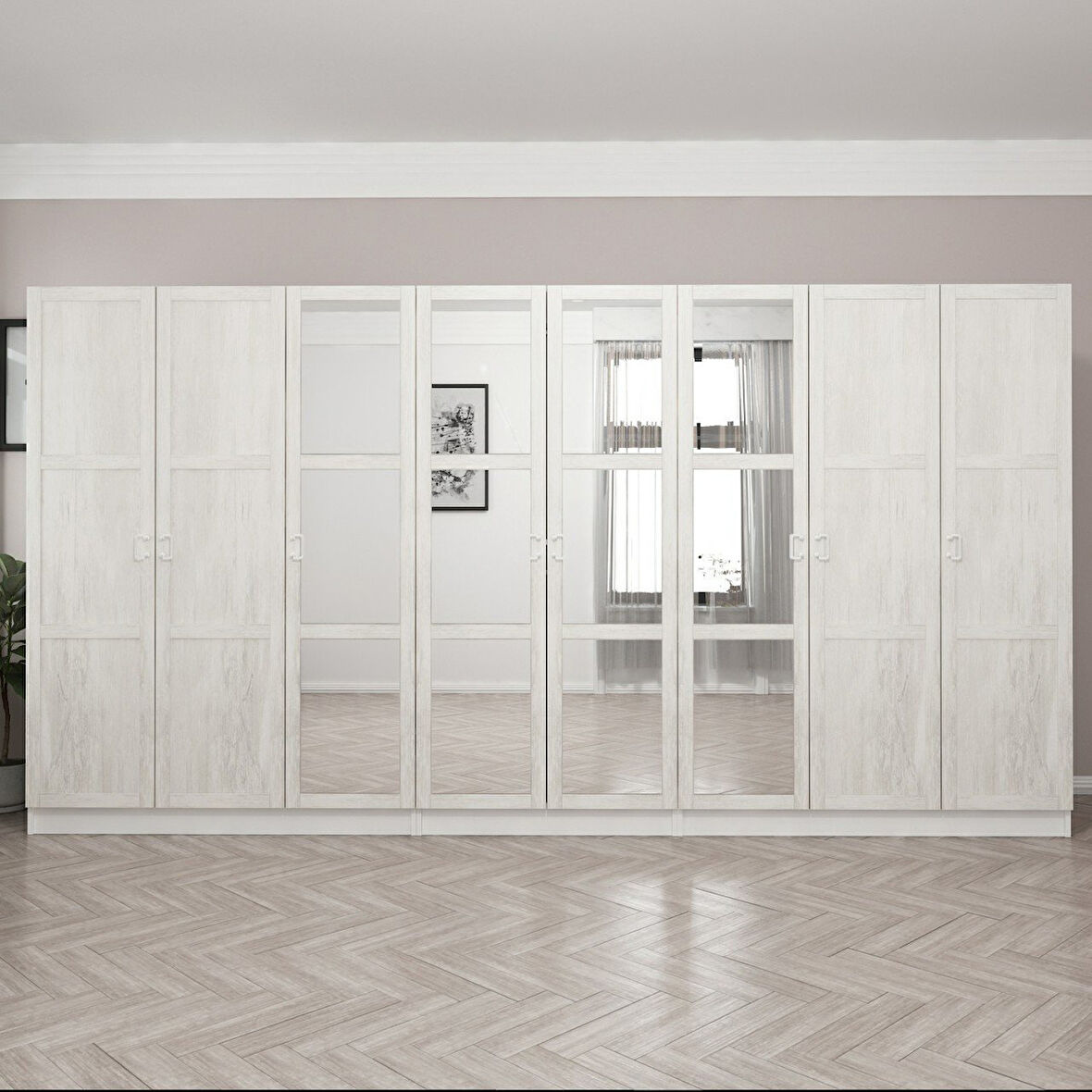 Kale Country 8 Kapak Aynalı 4Ç Zincir Dolap - Eskitme Beyaz 210CM