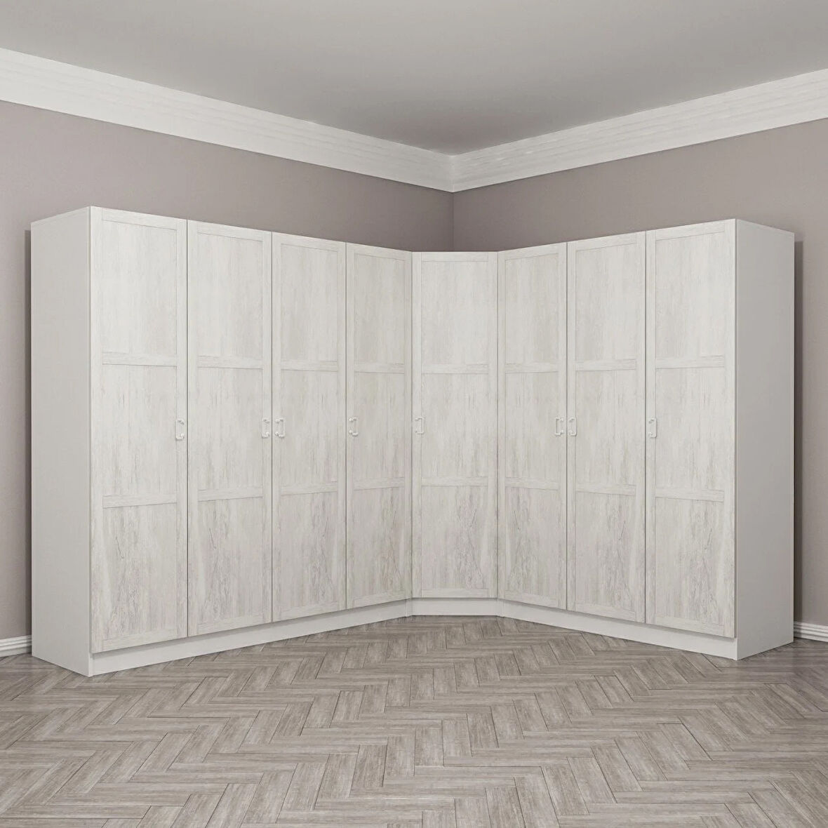 Kale Country 8 Kapak 4Ç Köşe Zincir Dolap - Eskitme Beyaz 210CM