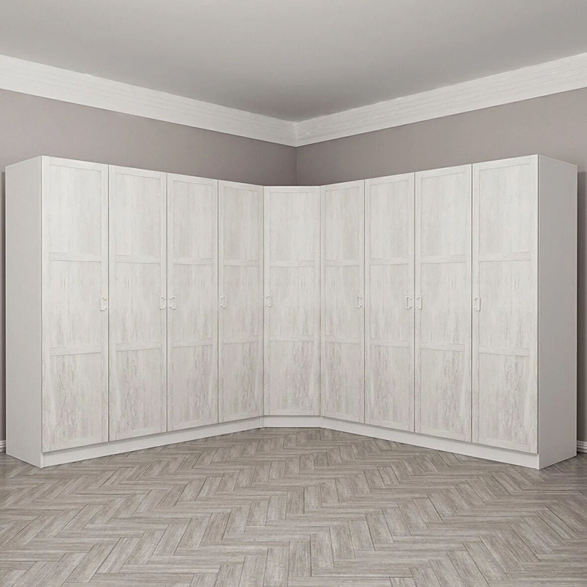 Kale Country 9 Kapak 4Ç Köşe Zincir Dolap - Eskitme Beyaz 210CM