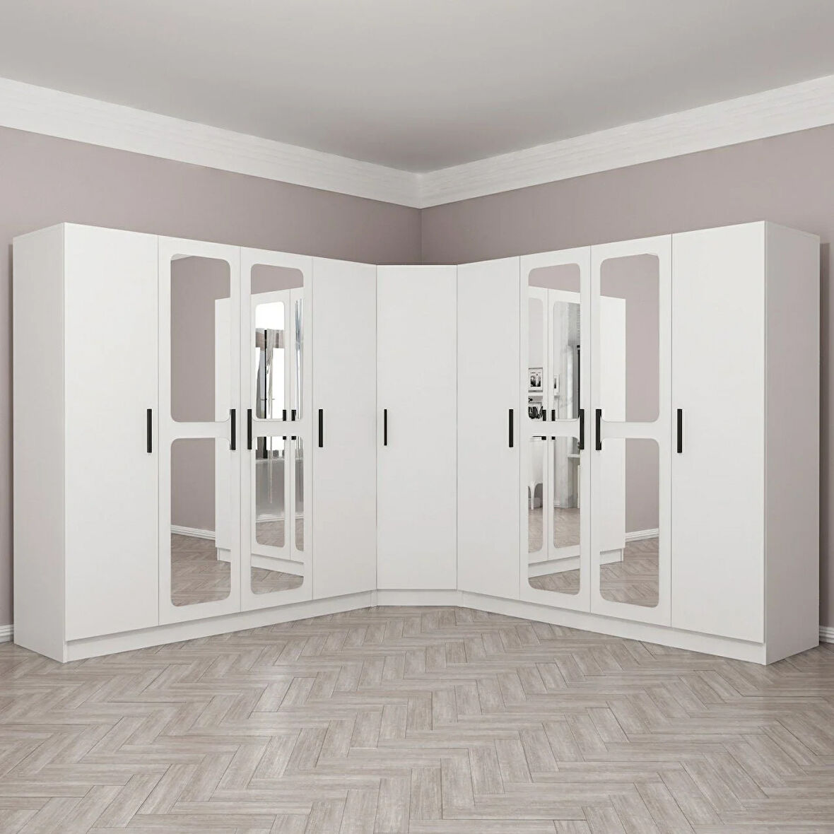 Kale 9 Kapaklı Aynalı 4Ç Köşe Dolap - Beyaz 210CM
