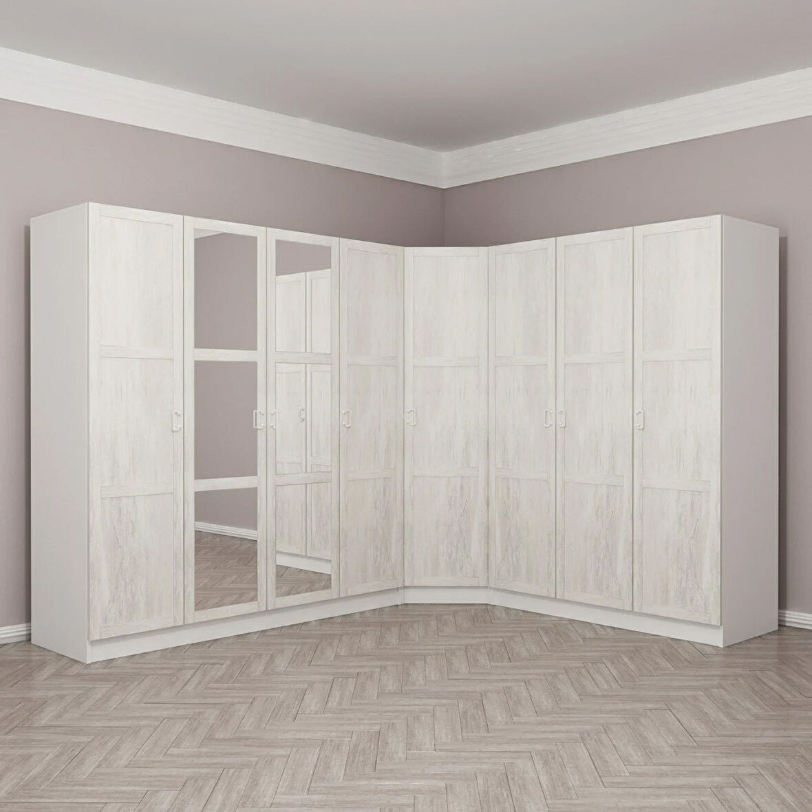 Kale 8 Country Kapaklı Aynalı 4Ç Köşe Dolap -  Eskitme Beyaz 210CM