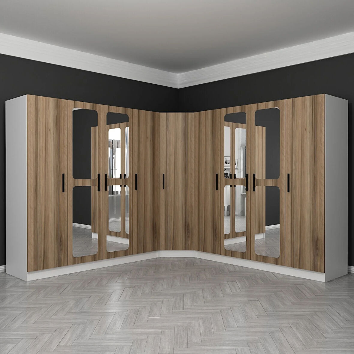 Kale 9 Kapaklı Aynalı 4Ç Köşe Dolap - Dore 210CM