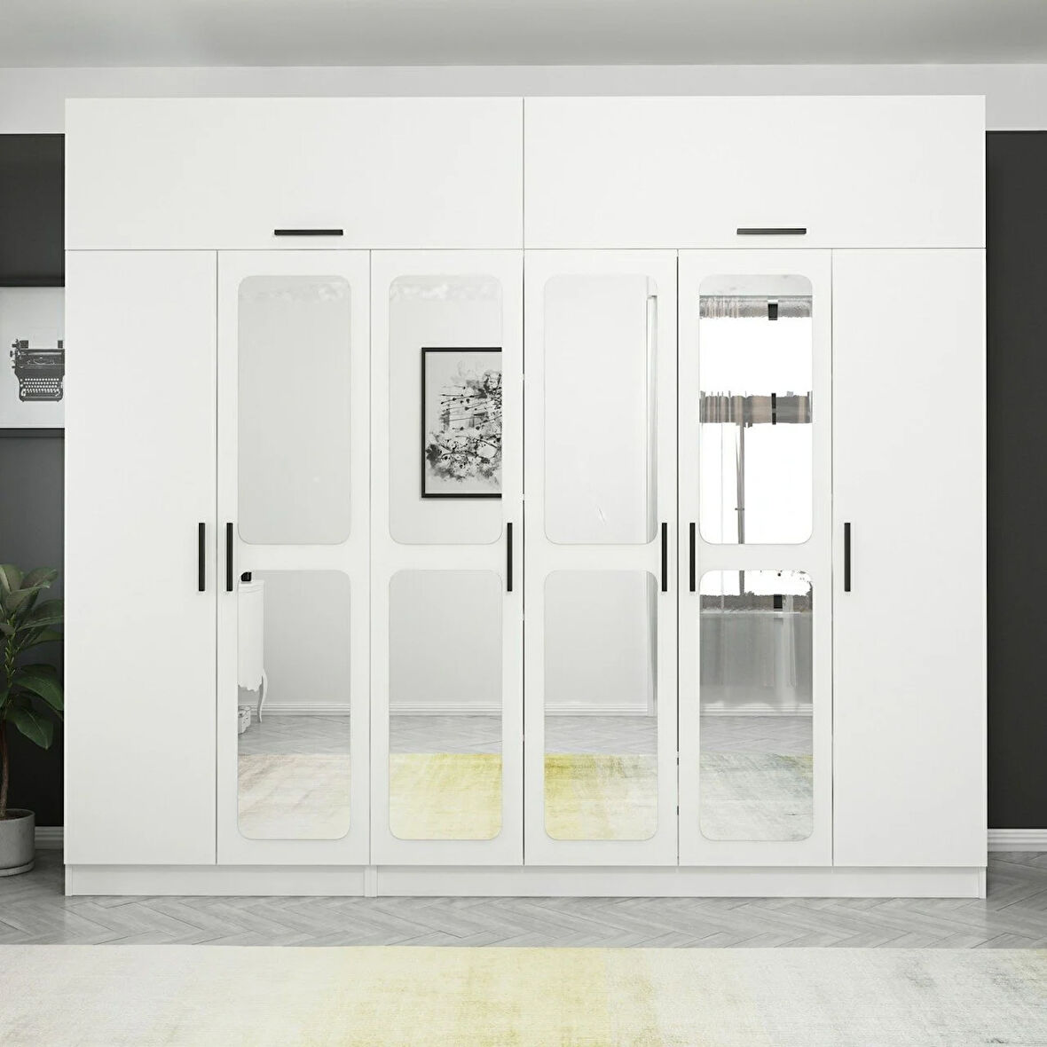 Kale 6 Kapaklı Aynalı 2Ç Zincir Dolap-Yüklük - Beyaz 255CM