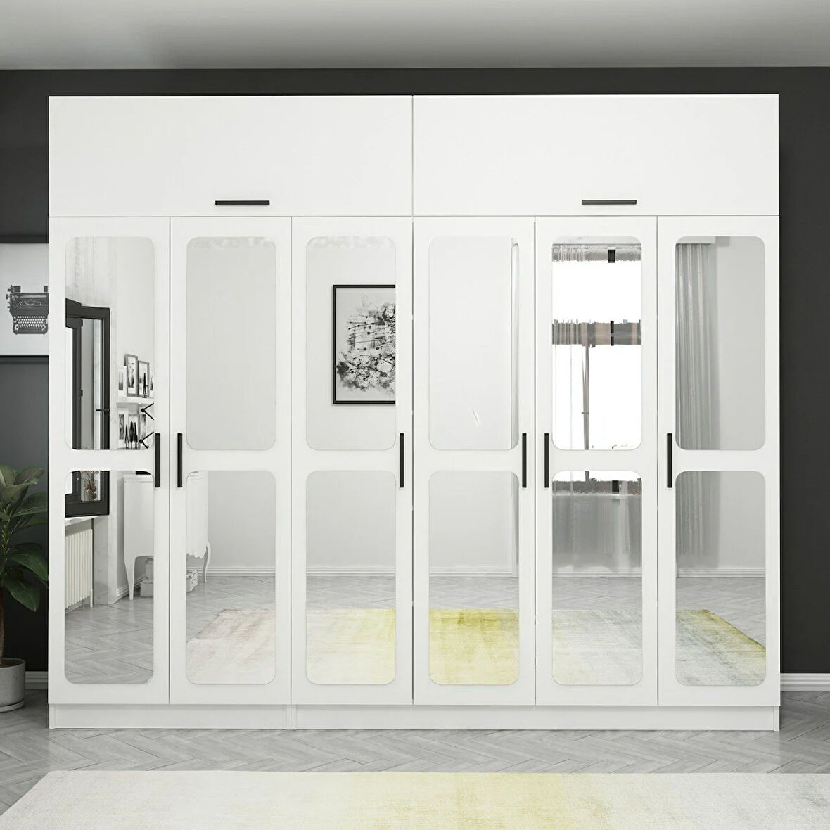 Kale 6 Kapaklı Aynalı 2Ç Zincir Dolap-Yüklük - Beyaz 255CM