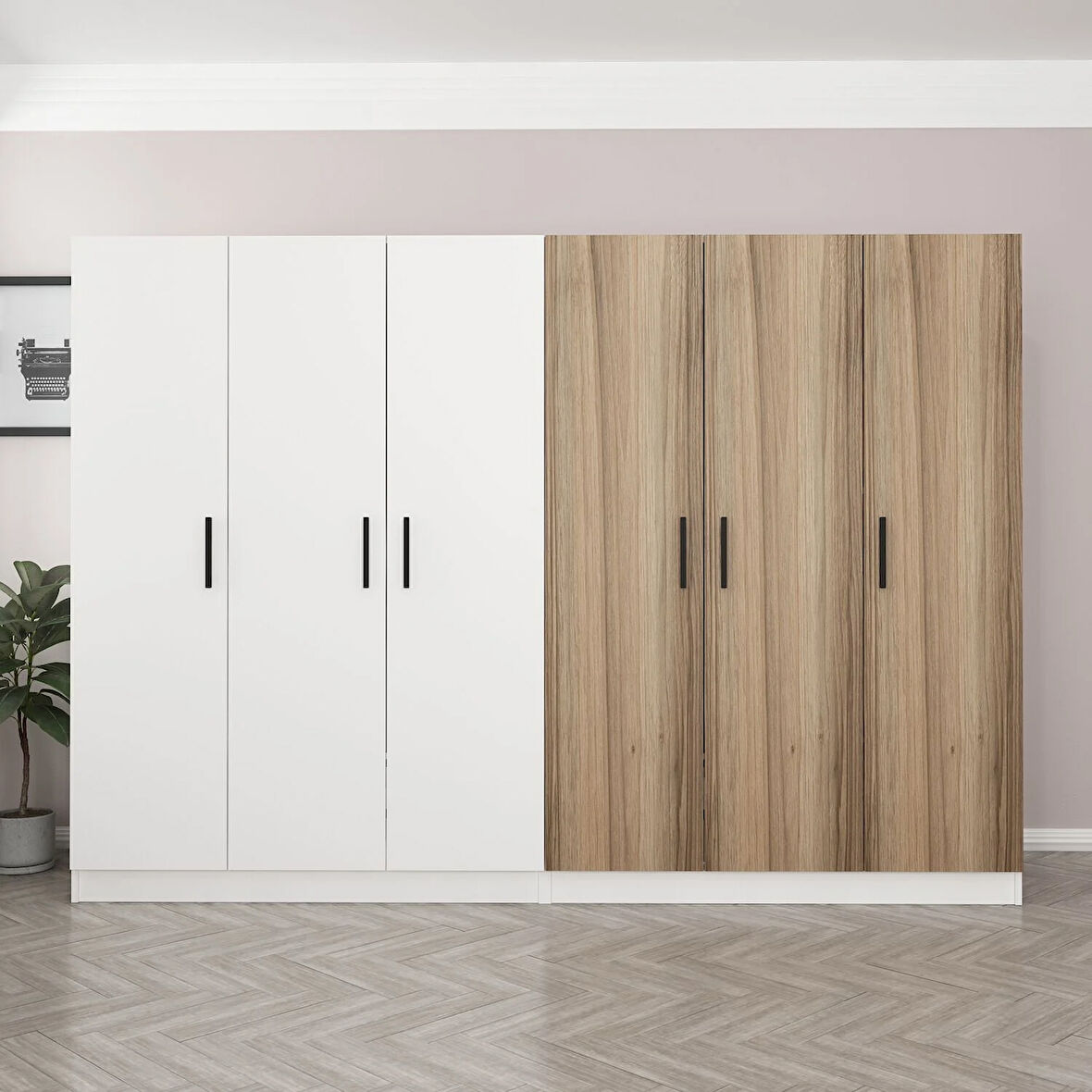 Kale 6 Kapaklı 4 Çekmeceli - Dolap - Beyaz / Dore 210CM