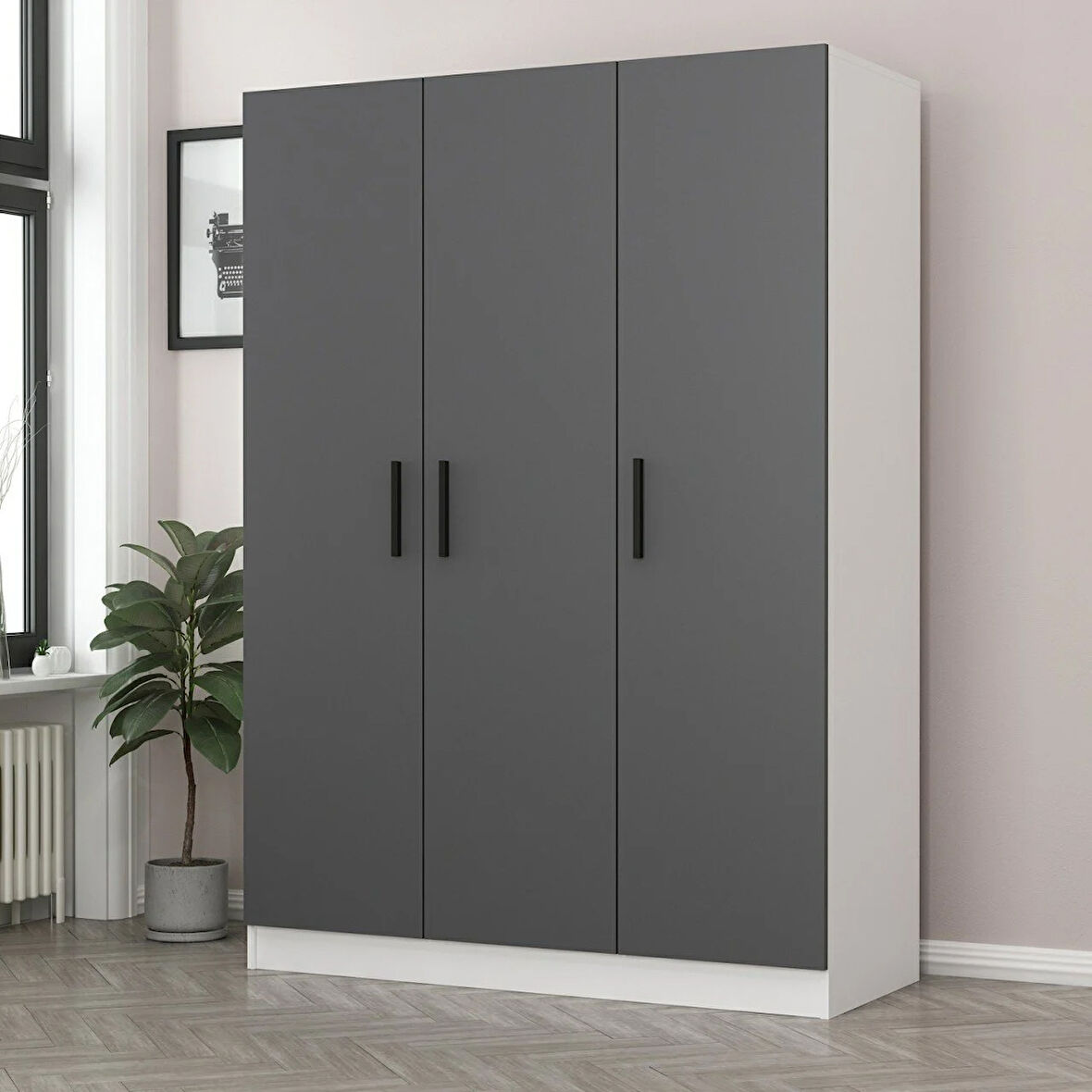 Minar Kale 3 Kapaklı 2 Çekmeceli Dolap Beyaz Antrasit 190CM