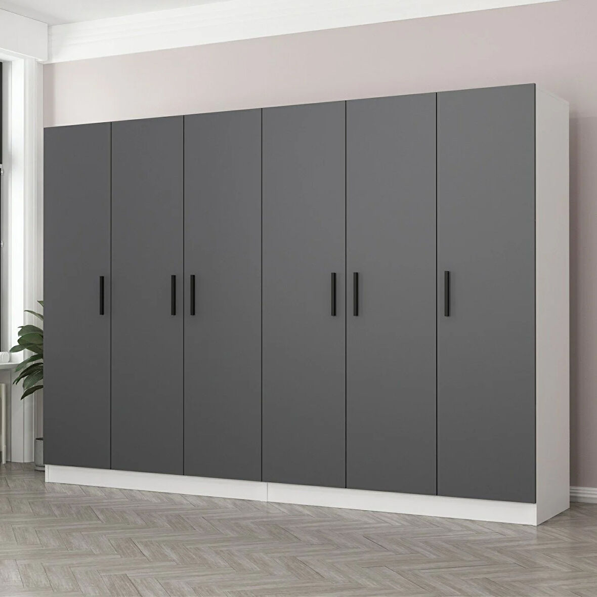 Minar Kale 6 Kapaklı 4 Çekmeceli Dolap Beyaz Antrasit 190CM