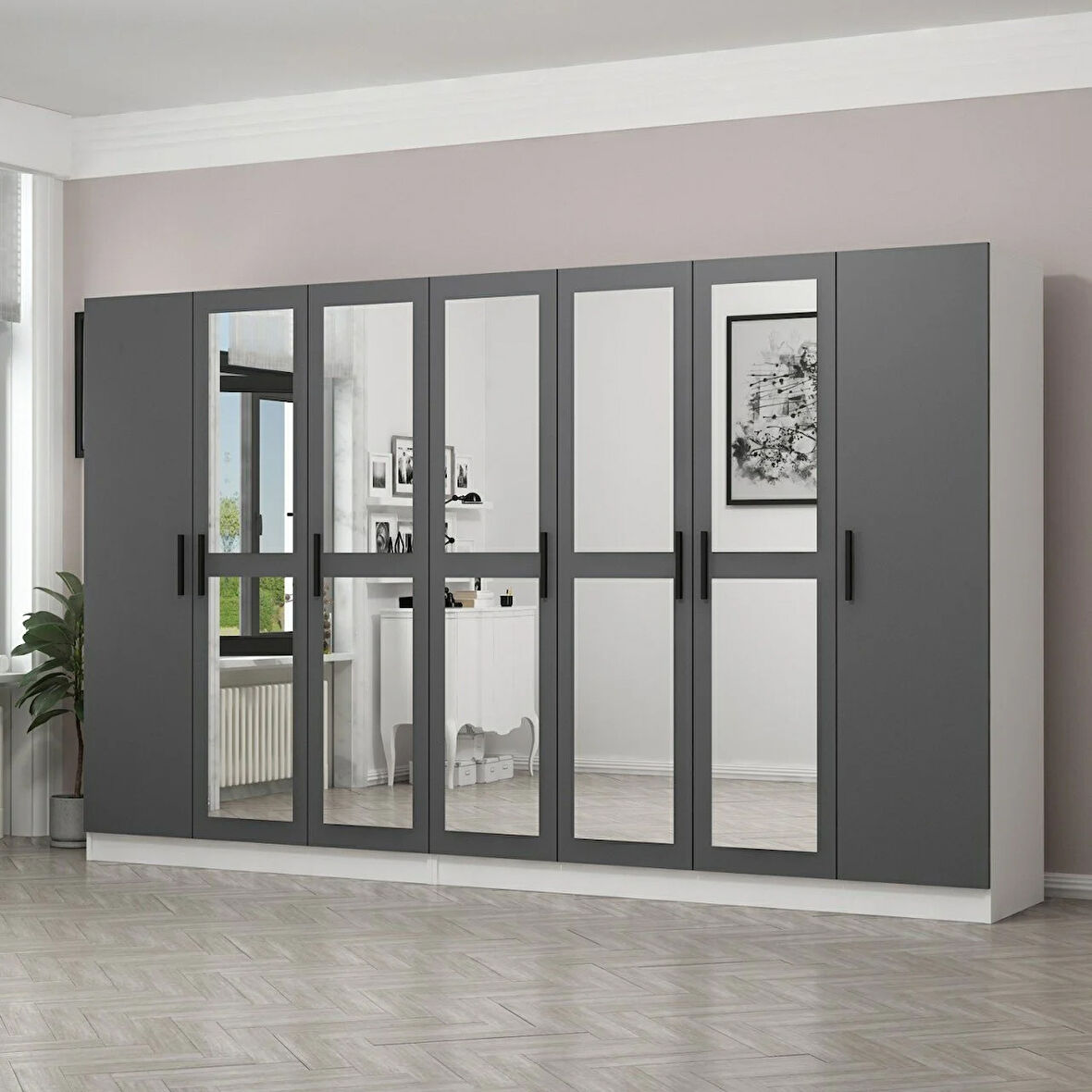 Minar Kale 7 Kapaklı 5 Aynalı 4 Çekmeceli Dolap Beyaz Antrasit 190CM