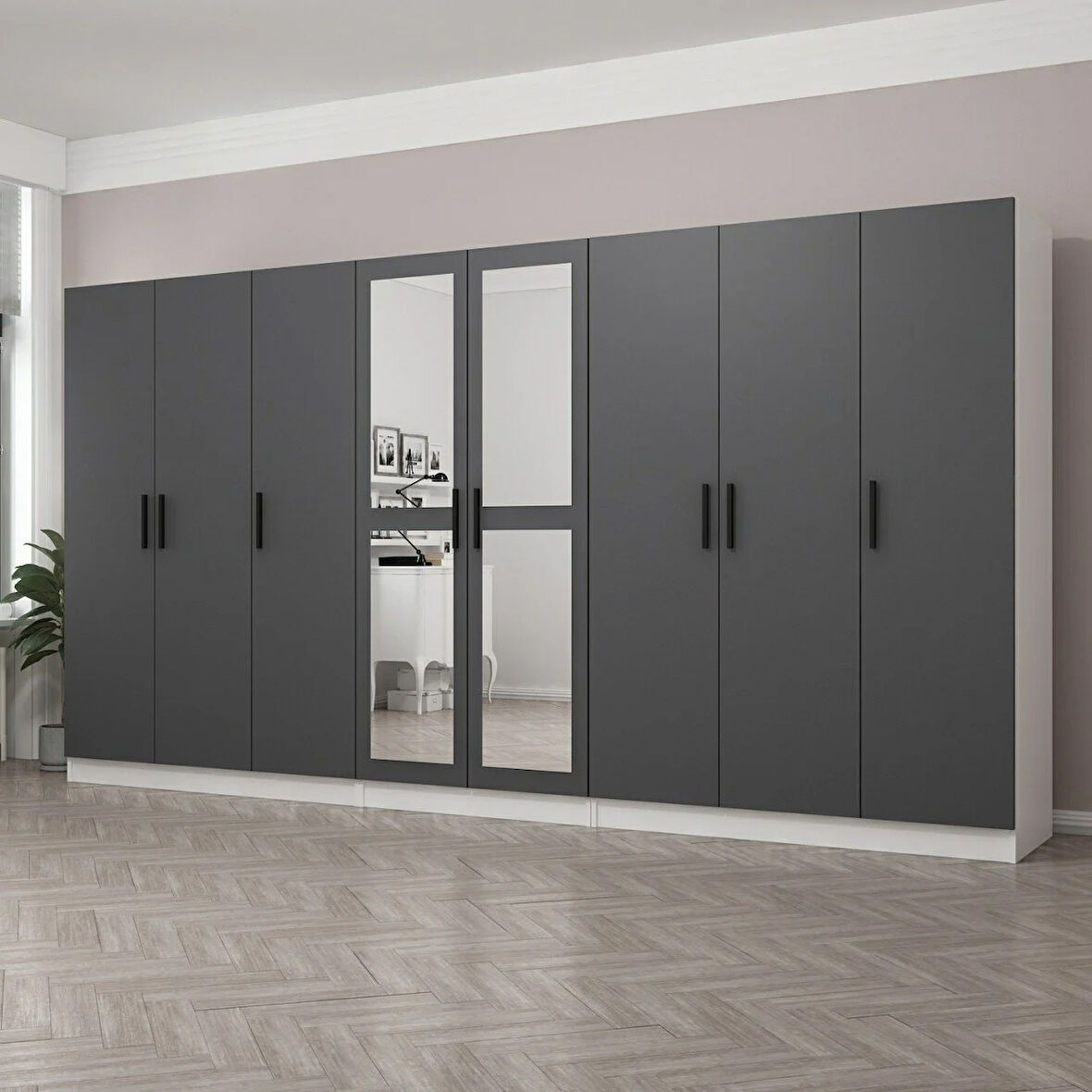 Minar Kale 8 Kapaklı 2 Aynalı 4 Çekmeceli Dolap Beyaz Antrasit 190CM