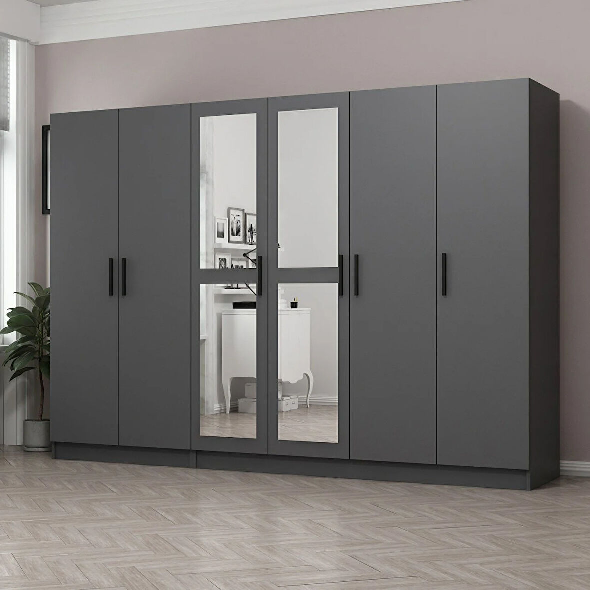 Minar Kale 6 Kapaklı 2 Aynalı 2 Çekmeceli Dolap Antrasit 190CM