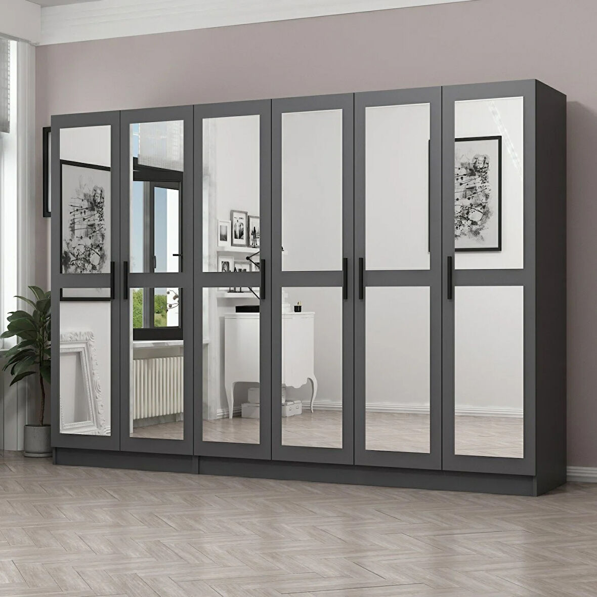 Minar Kale 6 Kapaklı 6 Aynalı 2 Çekmeceli Dolap Antrasit 190CM