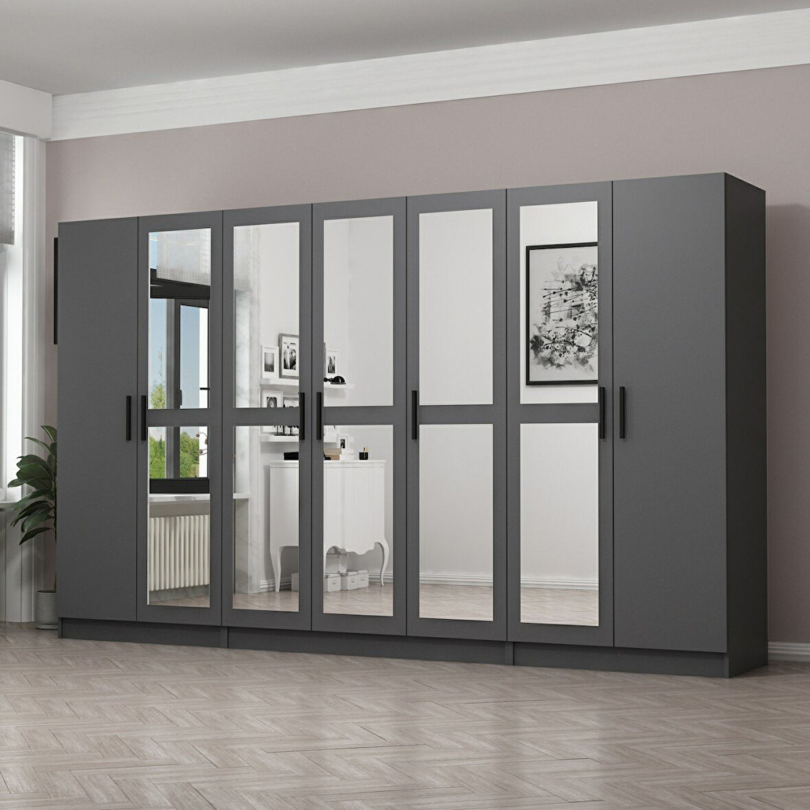 Minar Kale 7 Kapaklı 5 Aynalı 2 Çekmeceli Dolap Antrasit 190CM