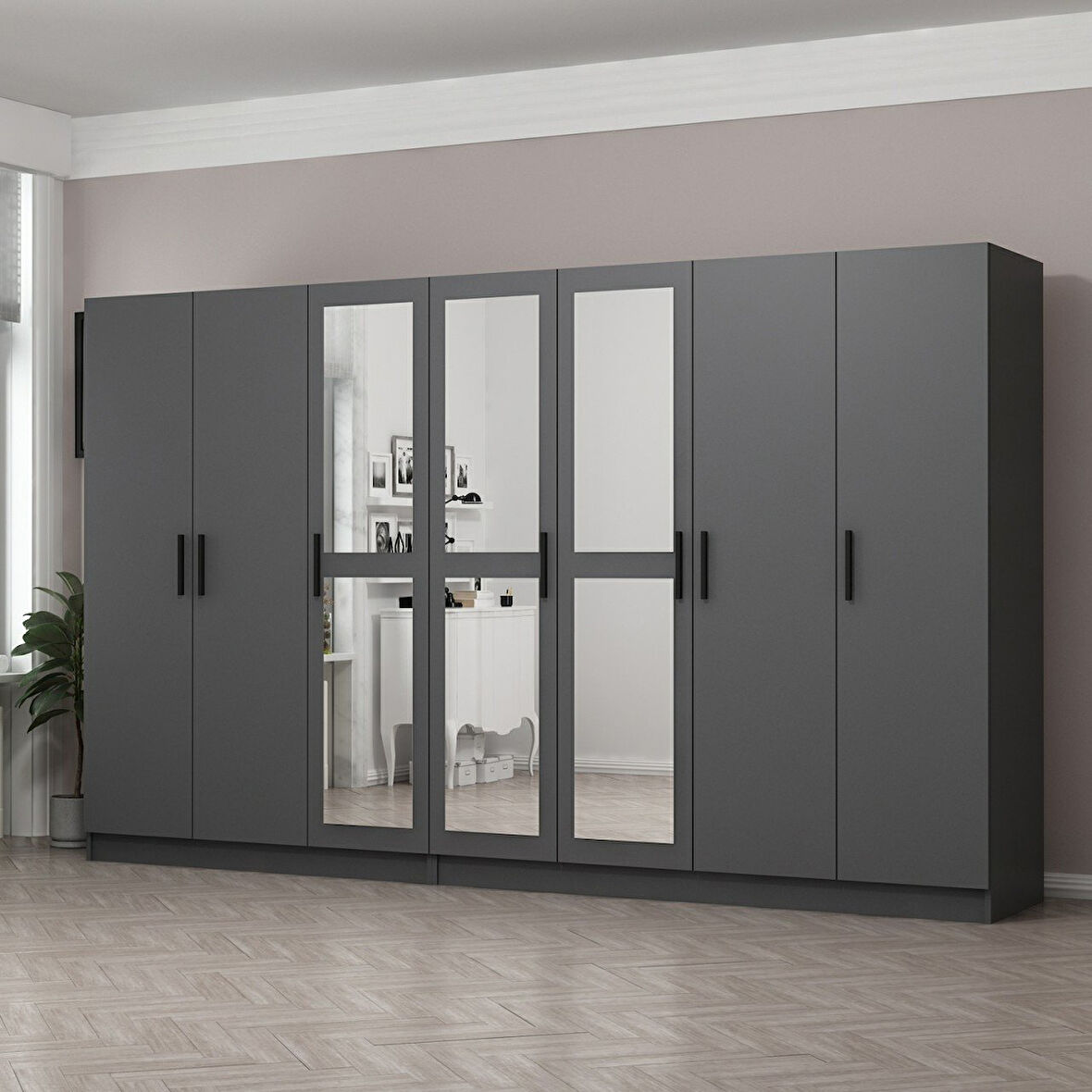 Minar Kale 7 Kapaklı 3 Aynalı 4 Çekmeceli Dolap Antrasit 190CM