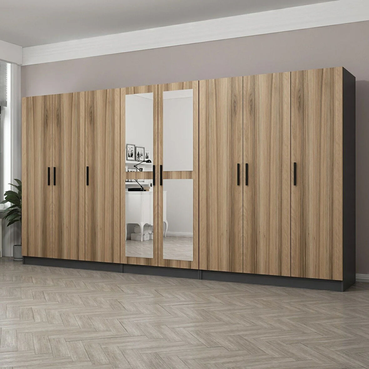 Minar Kale 8 Kapaklı 2 Aynalı 4 Çekmeceli Dolap Antrasit Dore 190CM