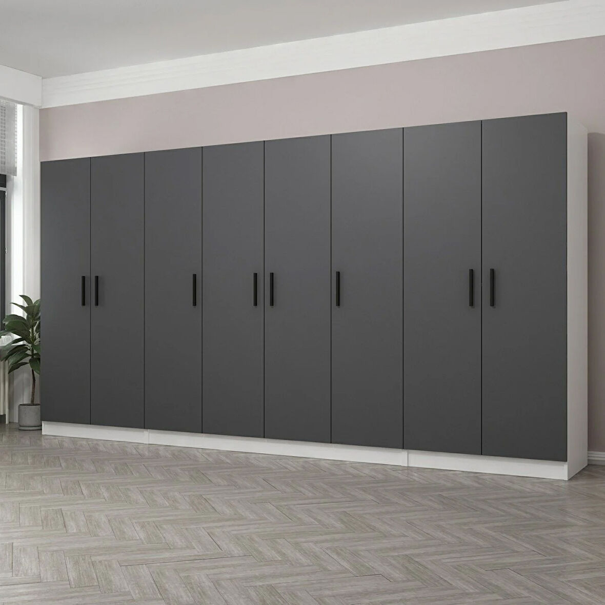Minar Kale 8 Kapaklı 2 Çekmeceli Dolap Beyaz Antrasit 210CM