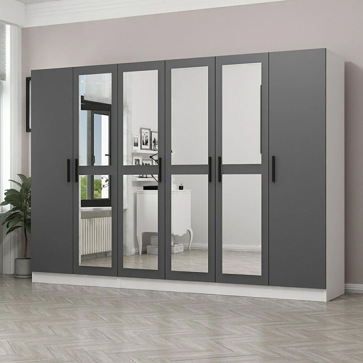 Minar Kale 6 Kapaklı 4 Aynalı 2 Çekmeceli Dolap Beyaz Antrasit 210CM