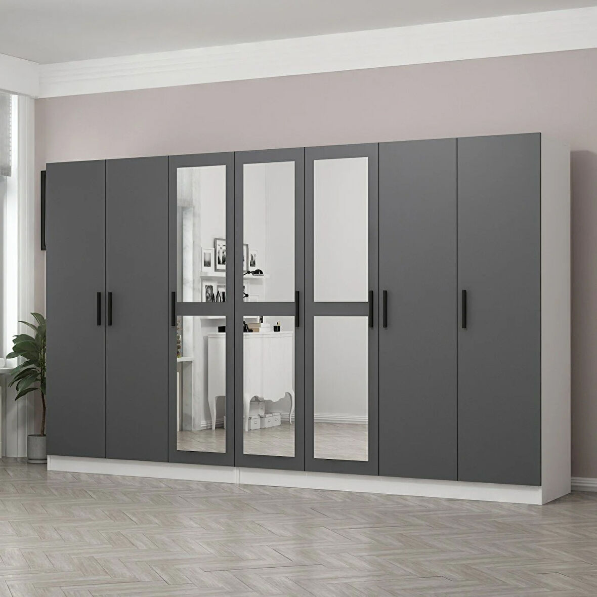 Minar Kale 7 Kapaklı 3 Aynalı 4 Çekmeceli Dolap Beyaz Antrasit 210CM