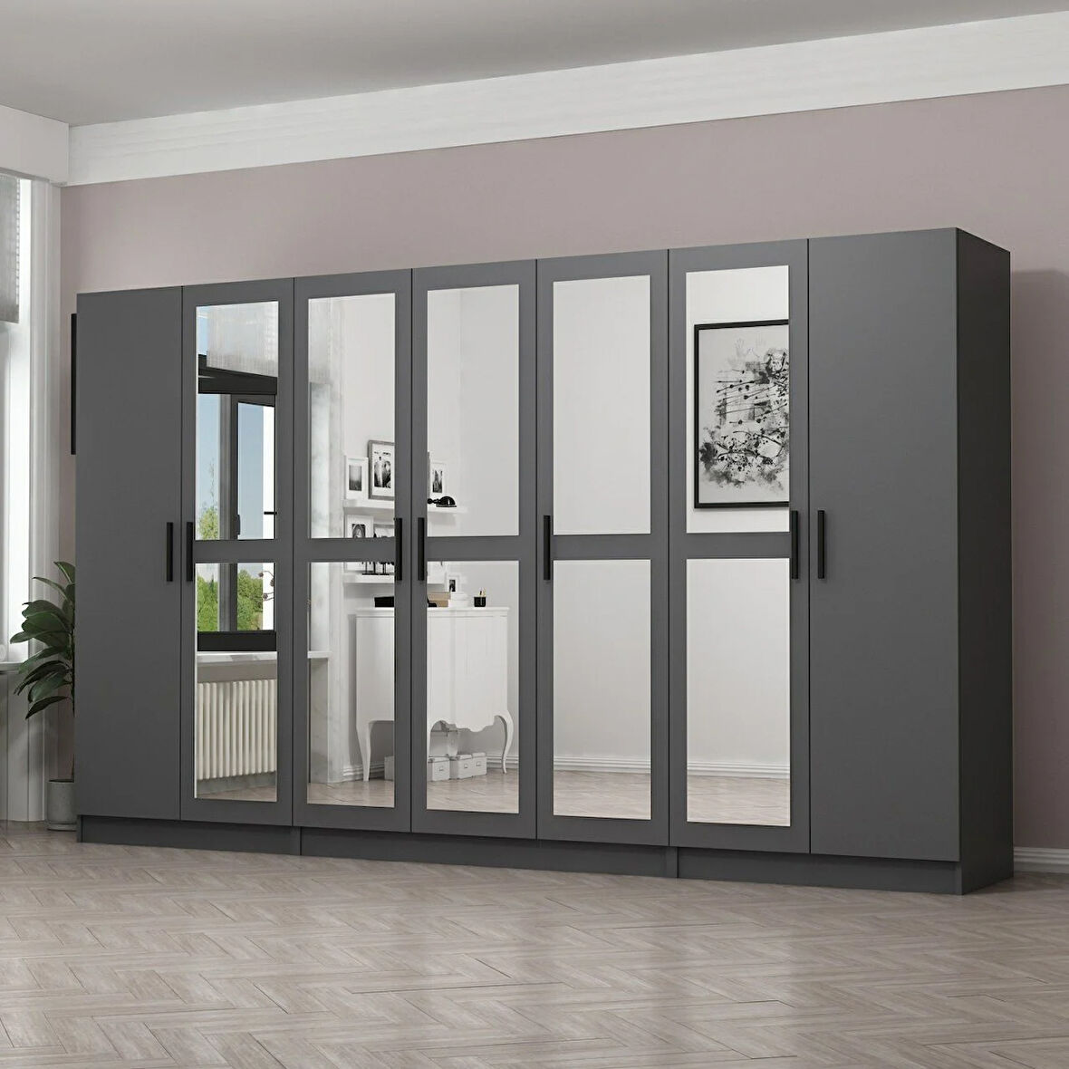 Minar Kale 7 Kapaklı 5 Aynalı 2 Çekmeceli Dolap Antrasit 210CM